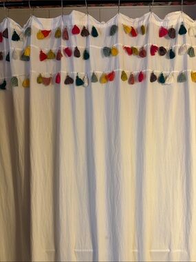 Anthropologie White Shower Curtain with Multicolor Tassels